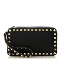 Pebbled Calfskin Rockstud Wristlet Zip Pouch Black