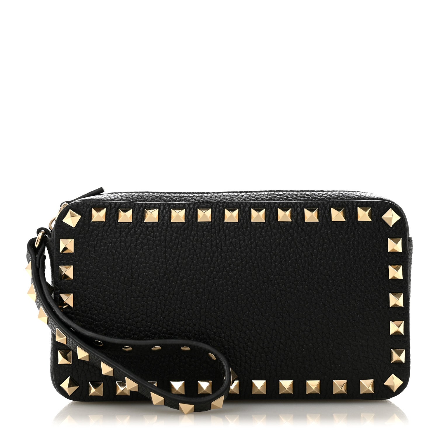 Pebbled Calfskin Rockstud Wristlet Zip Pouch Black