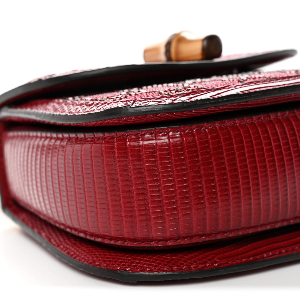Moire Fabric Calfskin Rhinestone Monogram Monochrome Lizard Embossed Mini Bamboo 1947 Top Handle Chain Bag Red