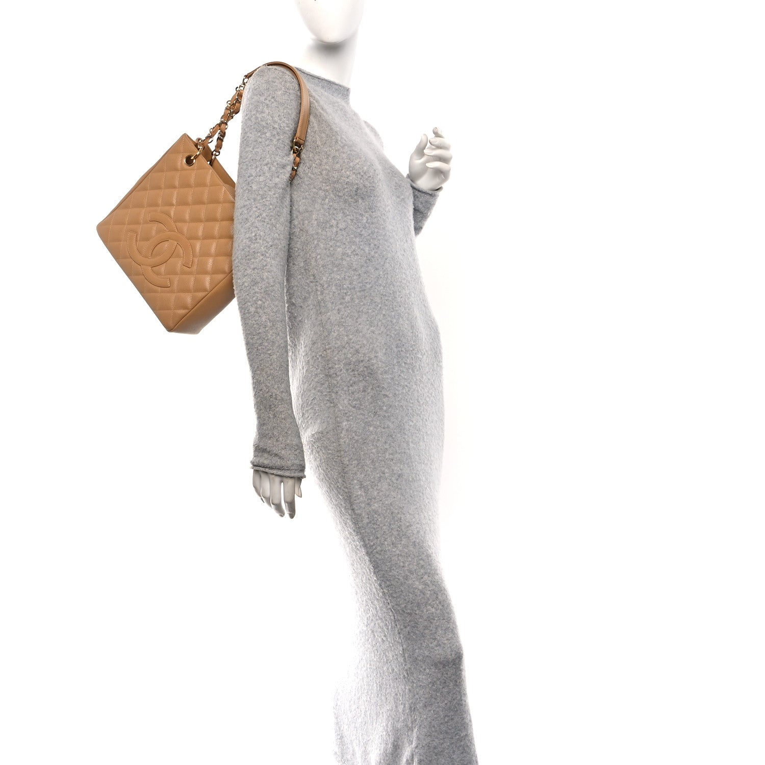 Caviar Quilted Petit Shopping Tote PST Dark Beige
