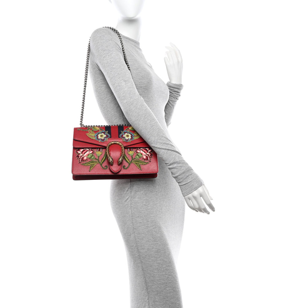 Calfskin Web Floral Embroidered Small Dionysus Shoulder Bag Hibiscus Red