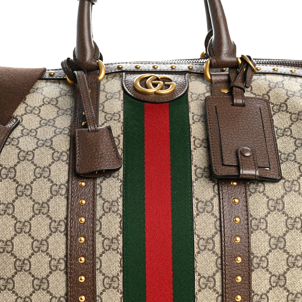 GG Supreme Monogram Textured Dollar Calfskin Web Studded Large Savoy Duffle Bag Beige Ebony