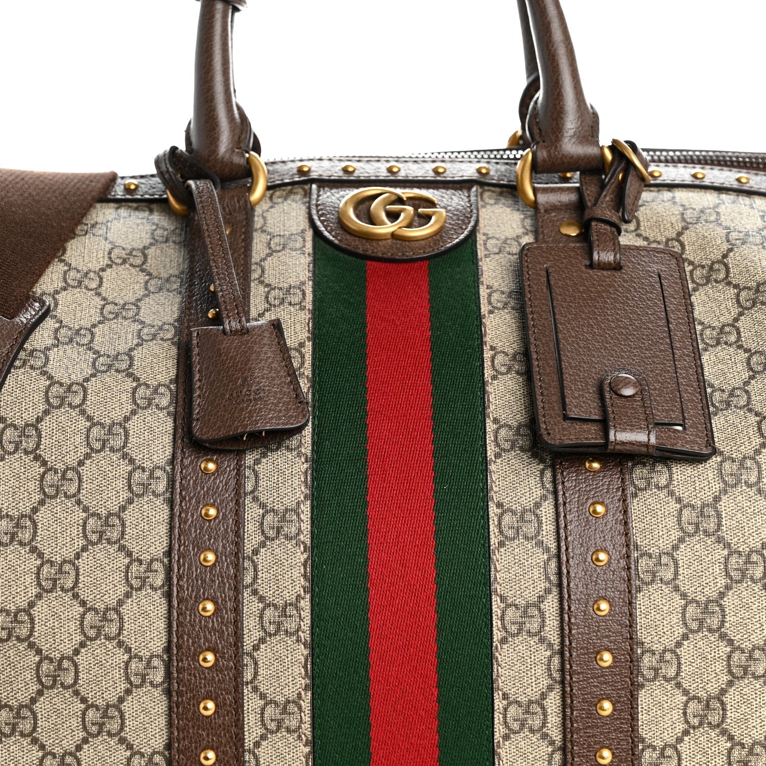 GG Supreme Monogram Textured Dollar Calfskin Web Studded Large Savoy Duffle Bag Beige Ebony