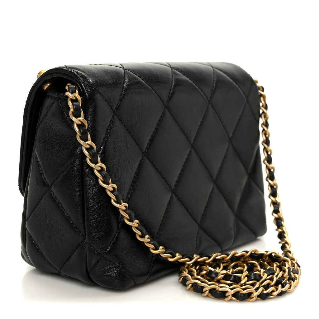 Shiny Lambskin Quilted Mini Pearl Logo Flap Black