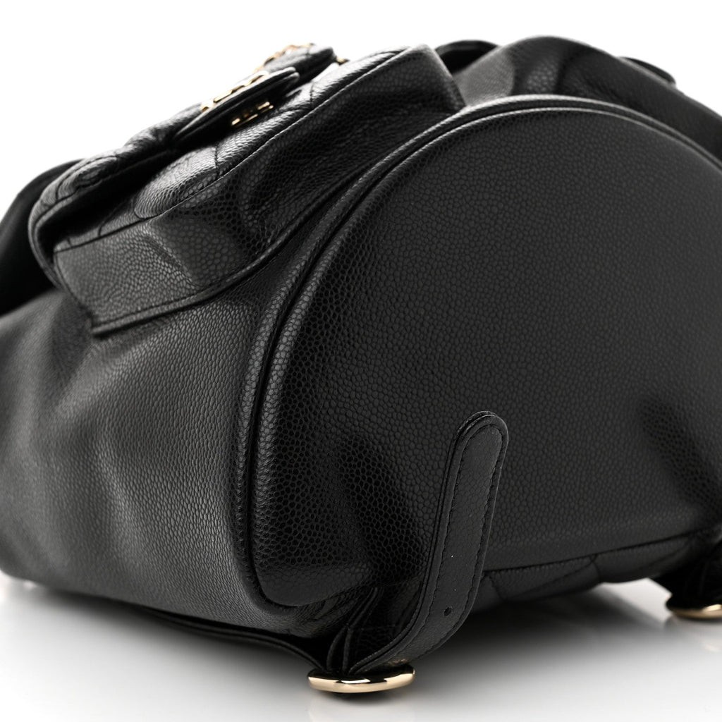 Shiny Caviar Quilted Medium Duma Pockets Drawstring Backpack Black