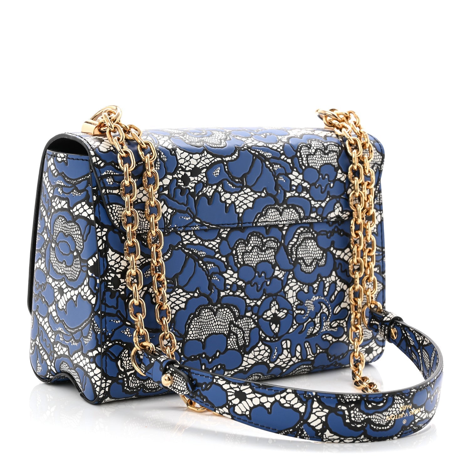Calfskin Lace Flower Inlay Twist Shoulder Bag MM Navy Black