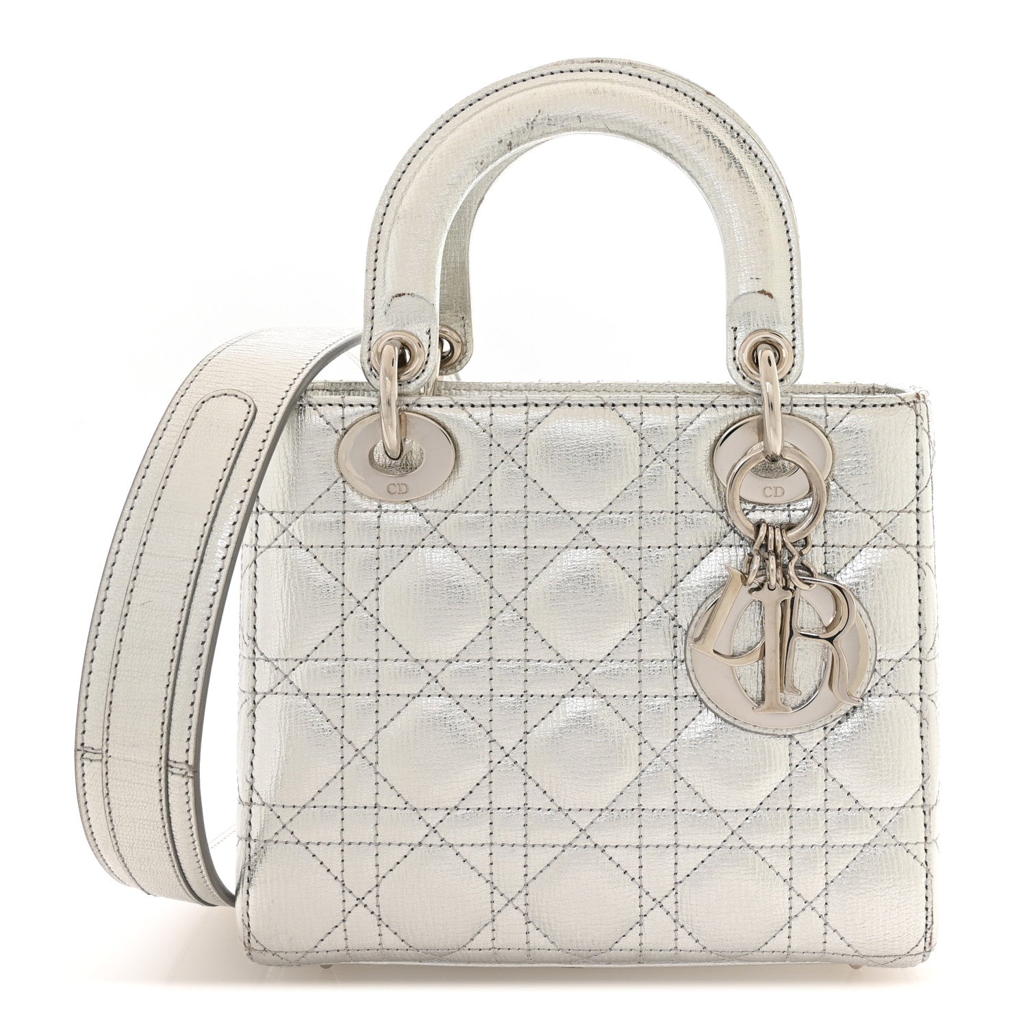 Metallic Grained Calfskin Cannage Small Lucky Badges My Lady Dior Silver