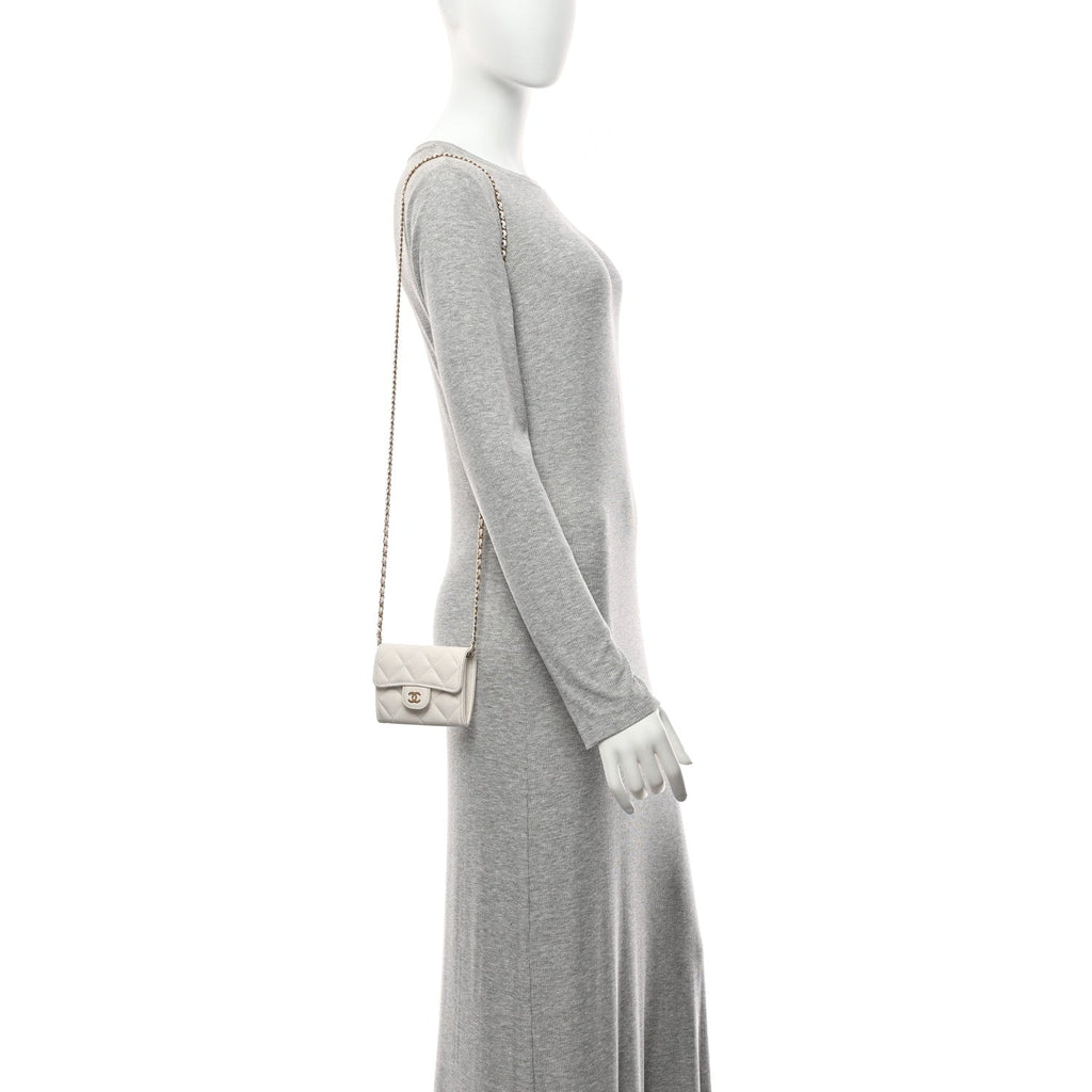 Caviar Quilted Flap  Holder On Chain White