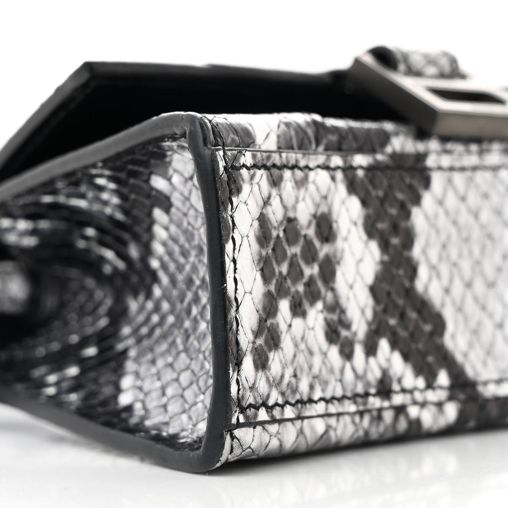 Shiny Calfskin Snakeskin Effect Hourglass Top Handle Bag Mini Silver Black