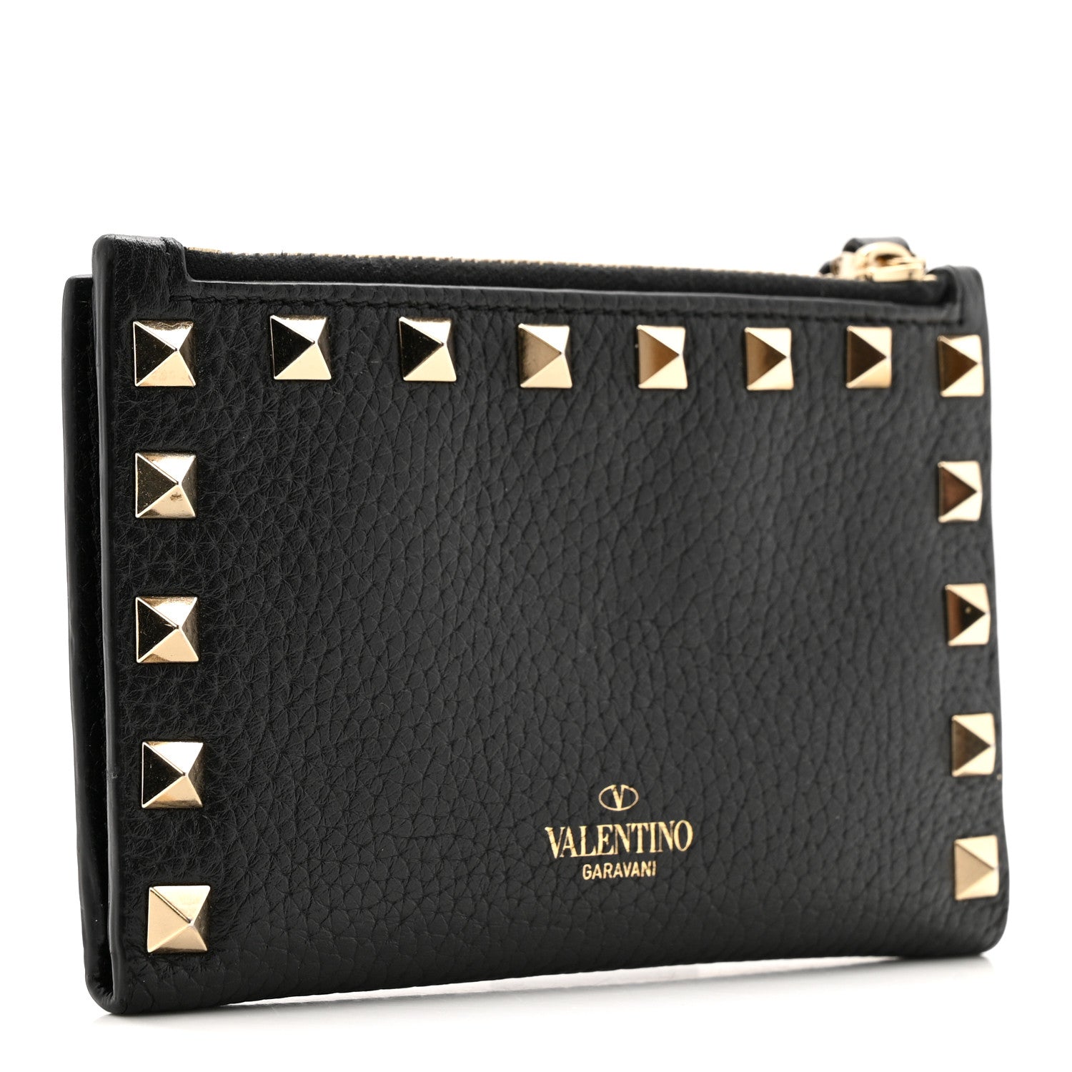 Pebbled Calfskin Rockstud Coin Case  Holder Black
