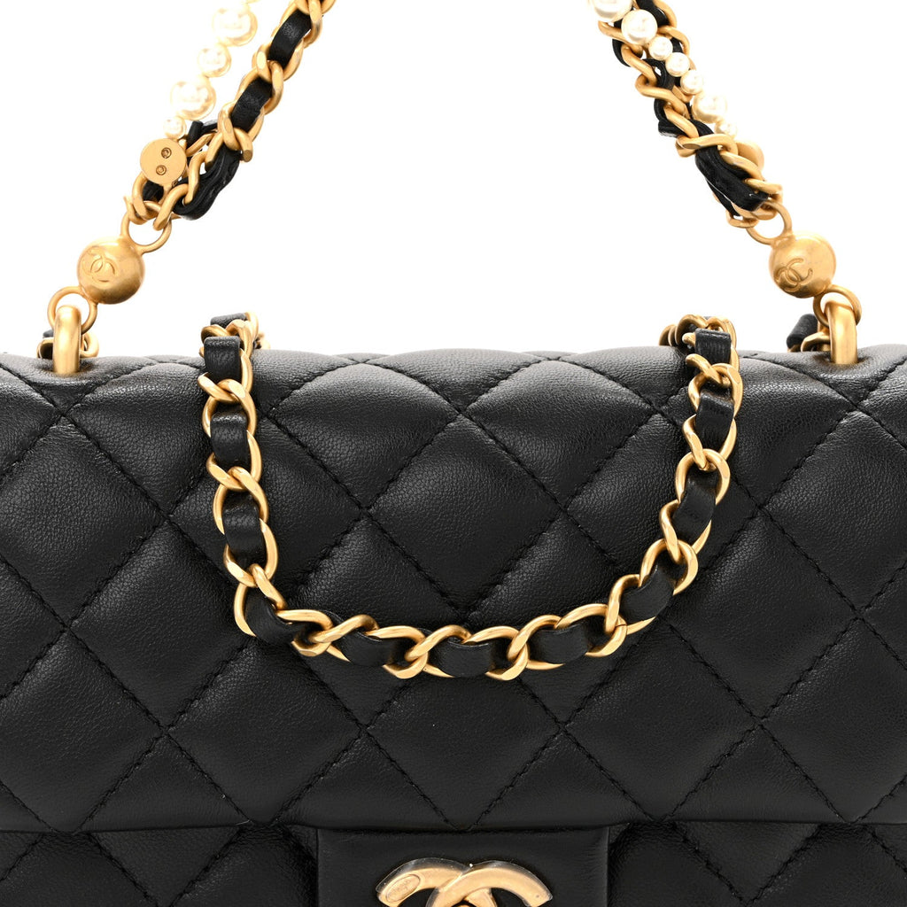 Shiny Lambskin Quilted Pearl Twist Mini Square Flap Black