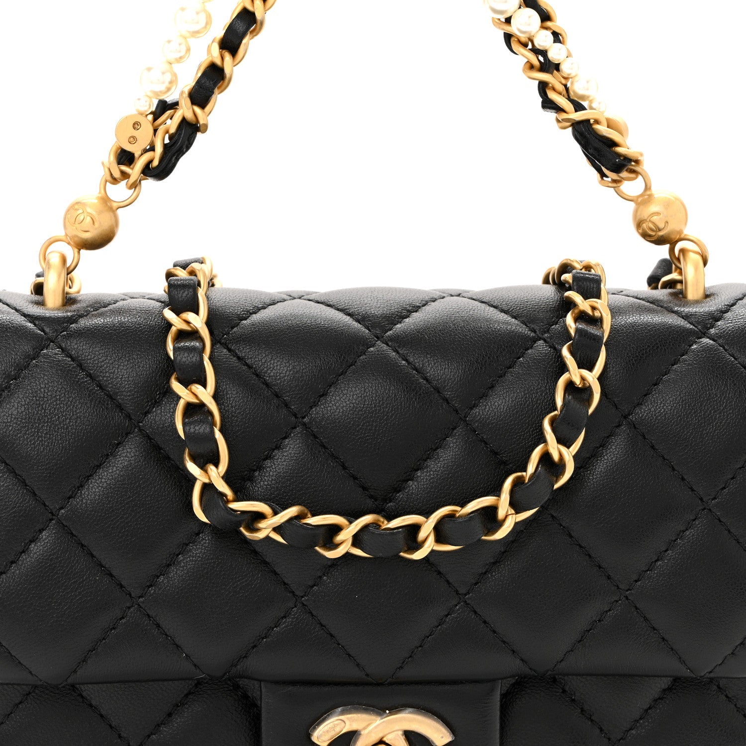 Shiny Lambskin Quilted Pearl Twist Mini Square Flap Black