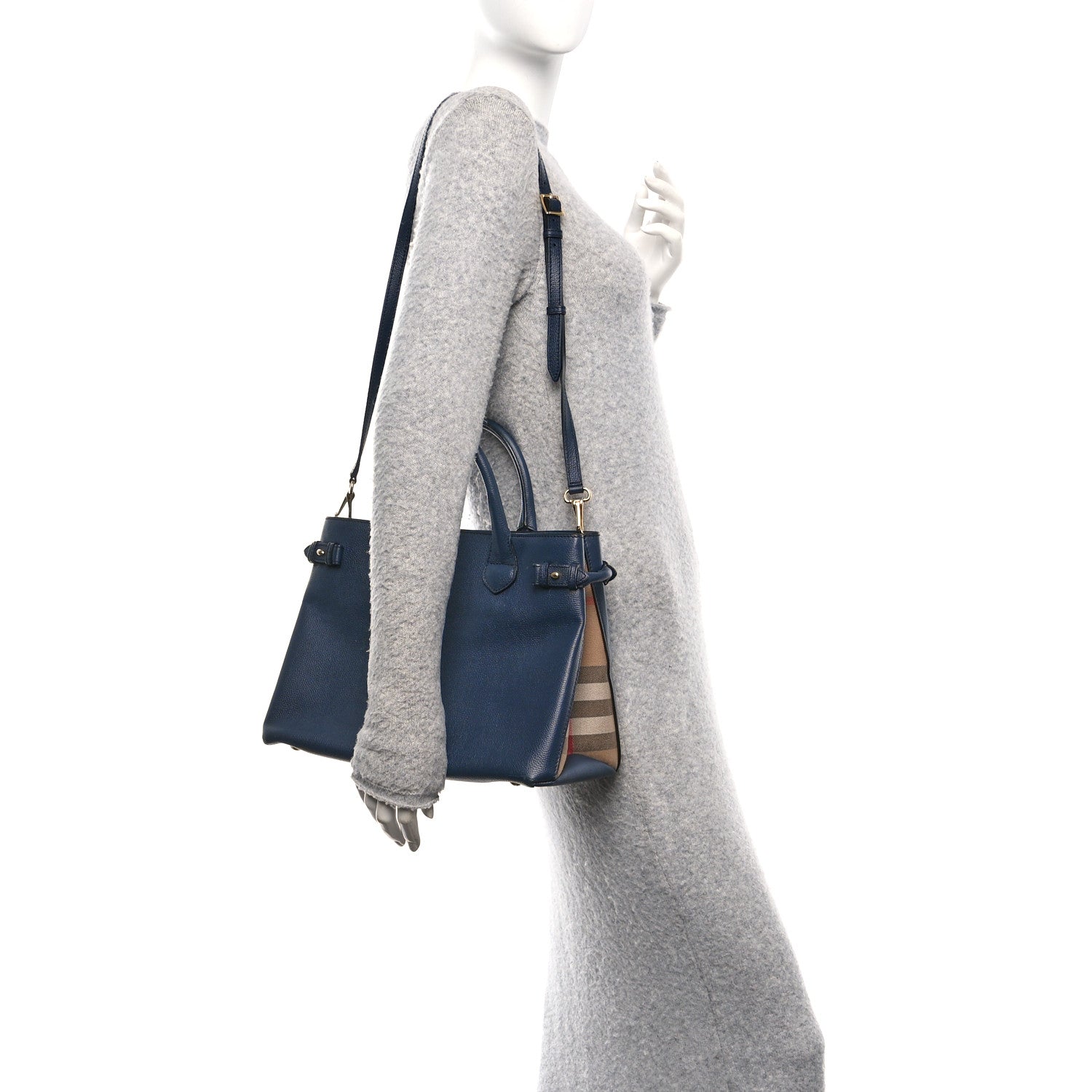 Derby Calfskin House Check Medium Banner Tote Ink Blue