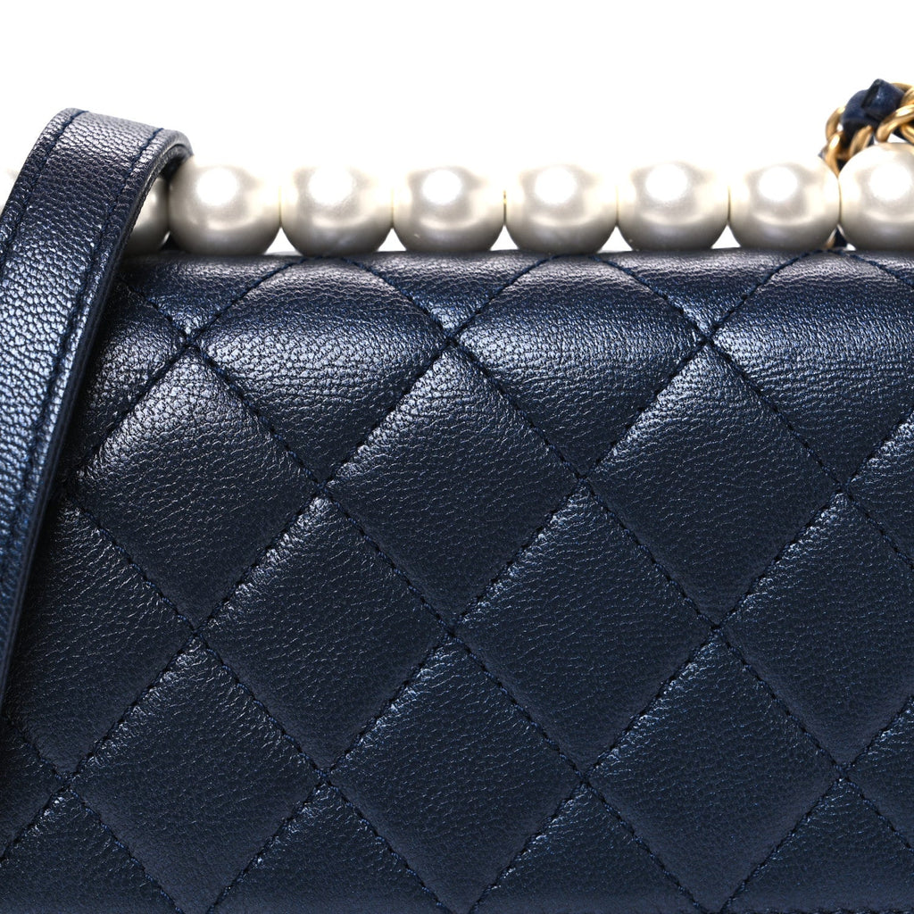 Iridescent Lambskin Quilted Chic Pearls Flap Navy Blue