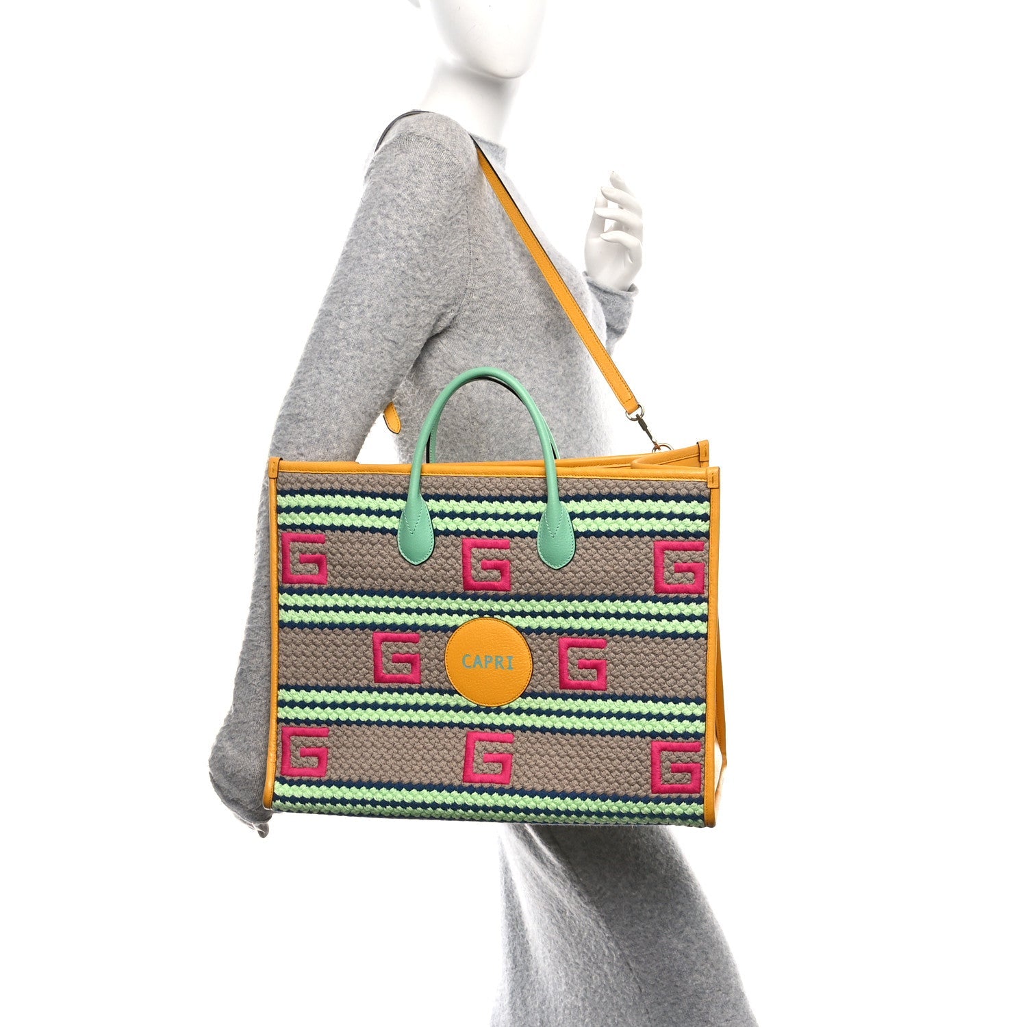 Fabric Embroidered Capri Striped Tote Bag Yellow