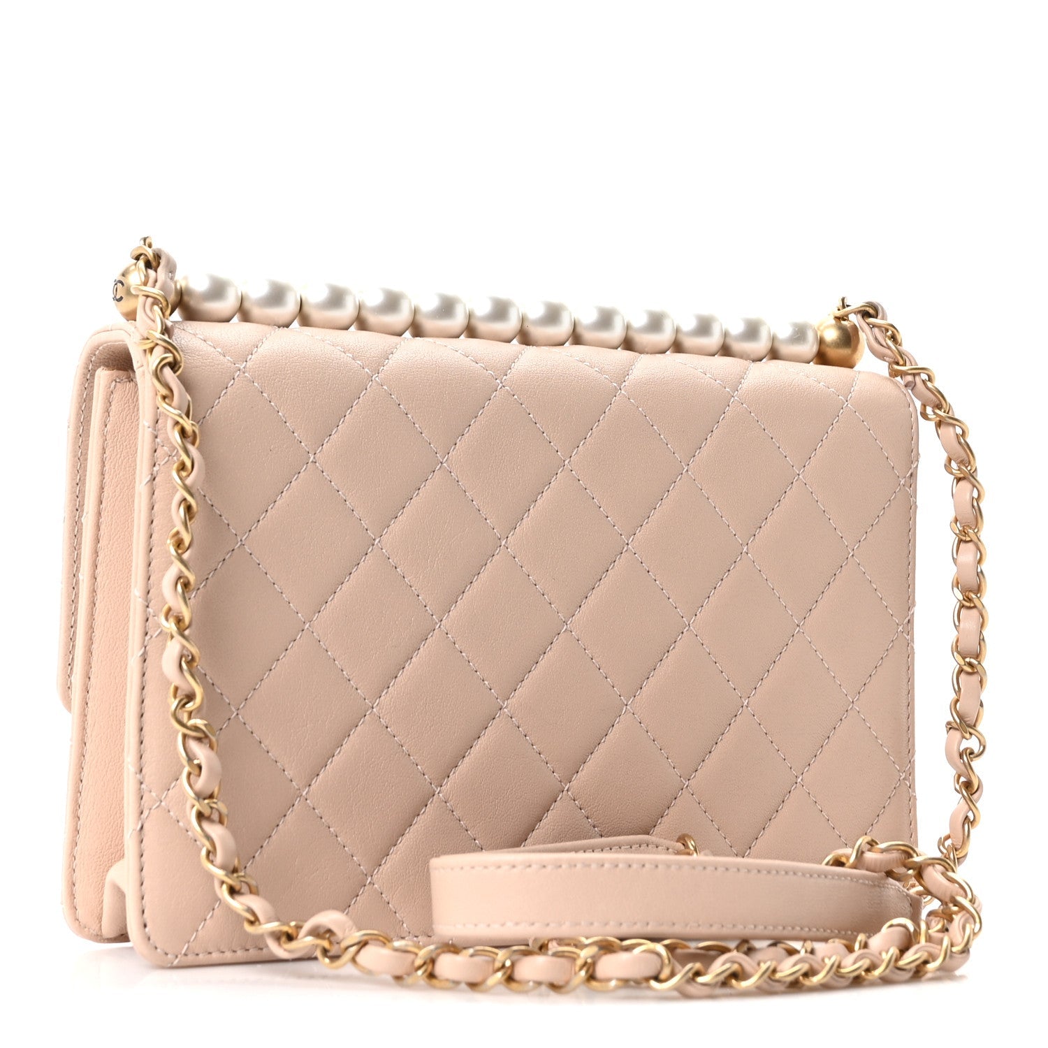 Goatskin Quilted Small Chic Pearls Flap Beige