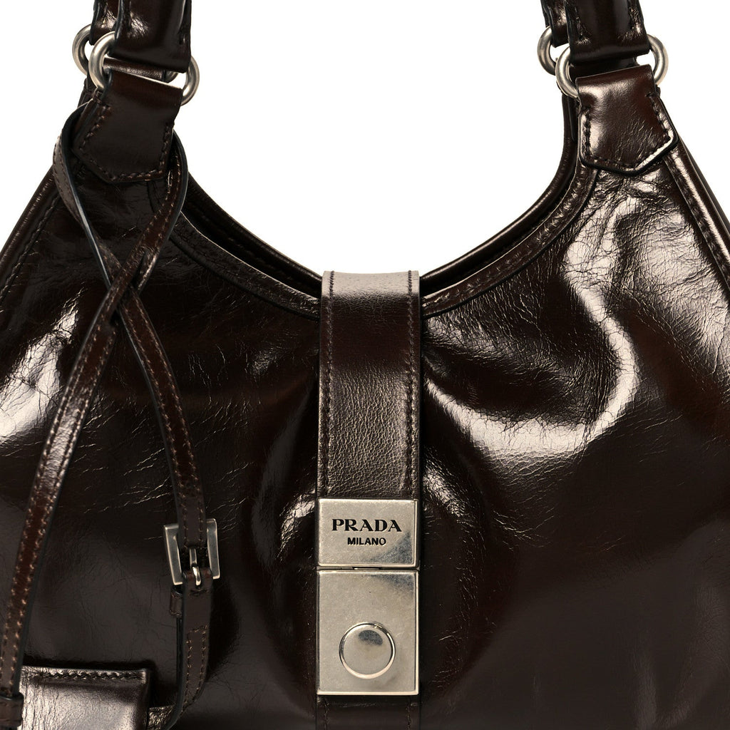 Glossy Calfskin Medium Tote Bag Dark Brown