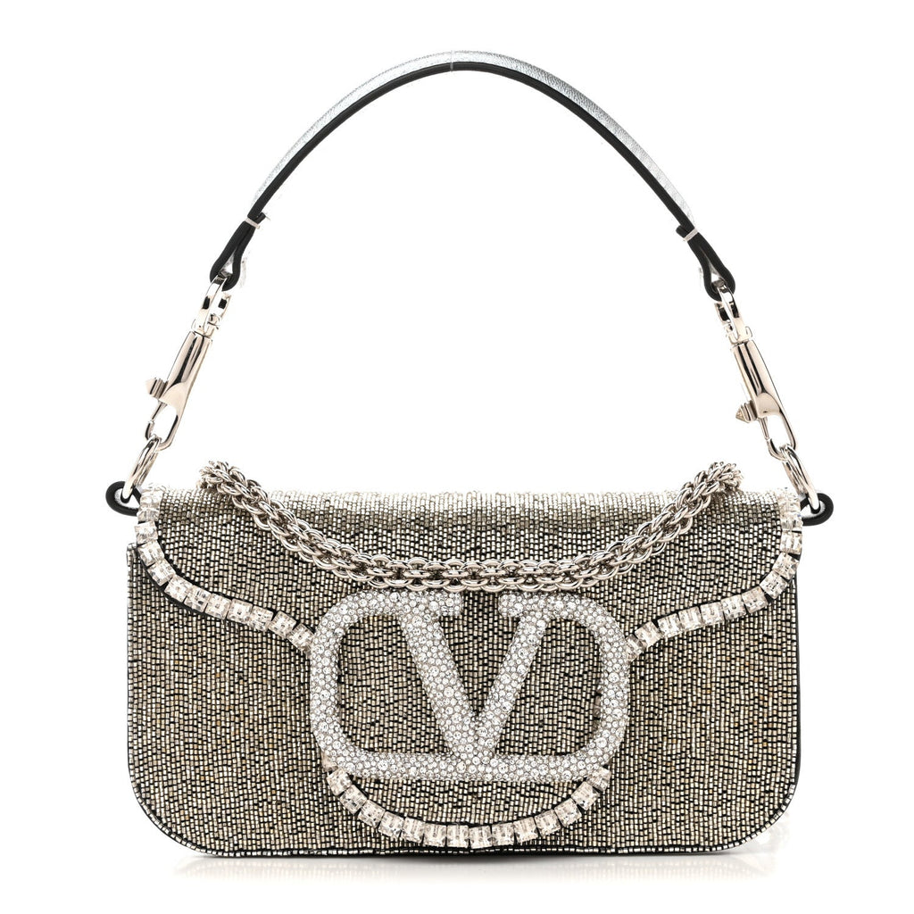 Swarovski Crystal Embroidered Vlogo Small Loco Shoulder Bag Crystal Silver