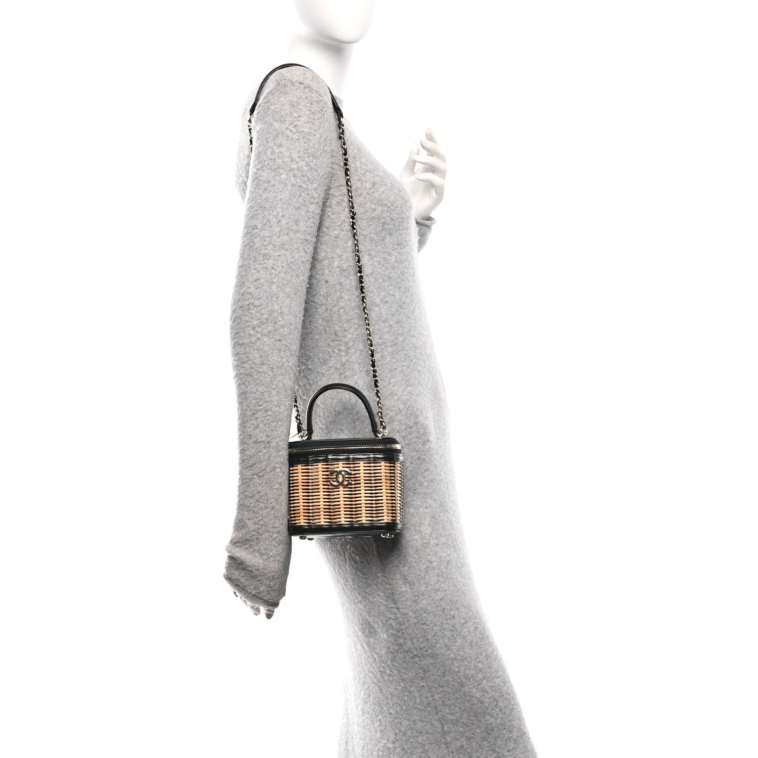 Calfskin Raffia Small Vanity Case Bag Black Beige