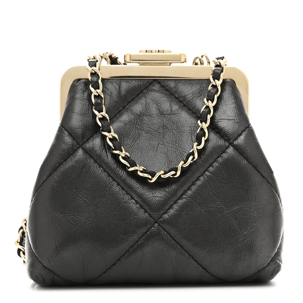 Shiny Aged Lambskin Quilted Kiss Lock Clutch With Chain Black