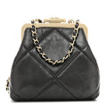 Shiny Aged Lambskin Quilted Kiss Lock Clutch With Chain Black