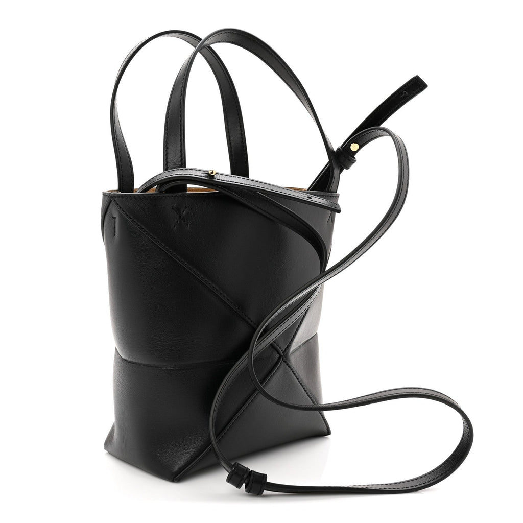 Shiny Calfskin Mini Puzzle Fold Tote Black