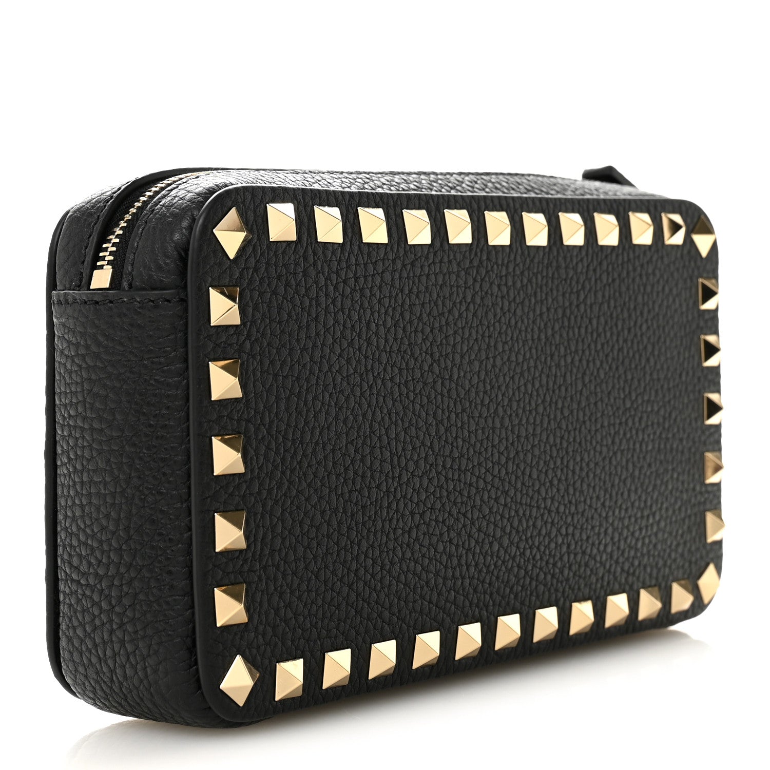 Pebbled Calfskin Rockstud Wristlet Zip Pouch Black