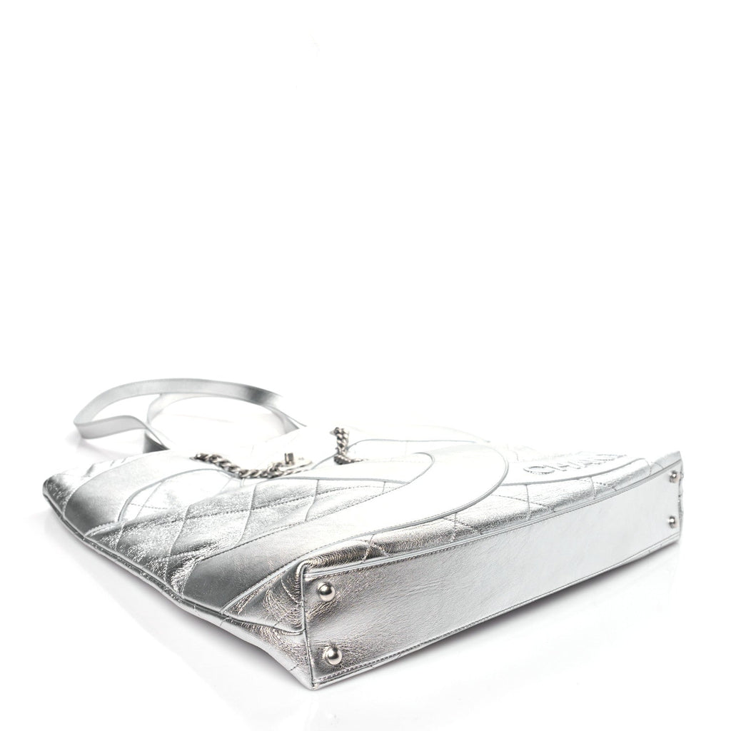 Metallic Calfskin Stitched CC Shopper Tote Silvery