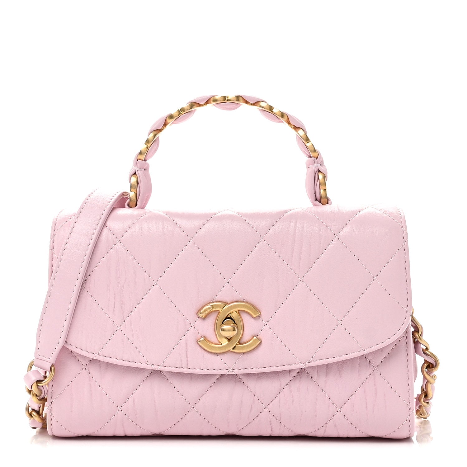 Crumpled Lambskin Quilted Mini CC Links Top Handle Flap Light Pink