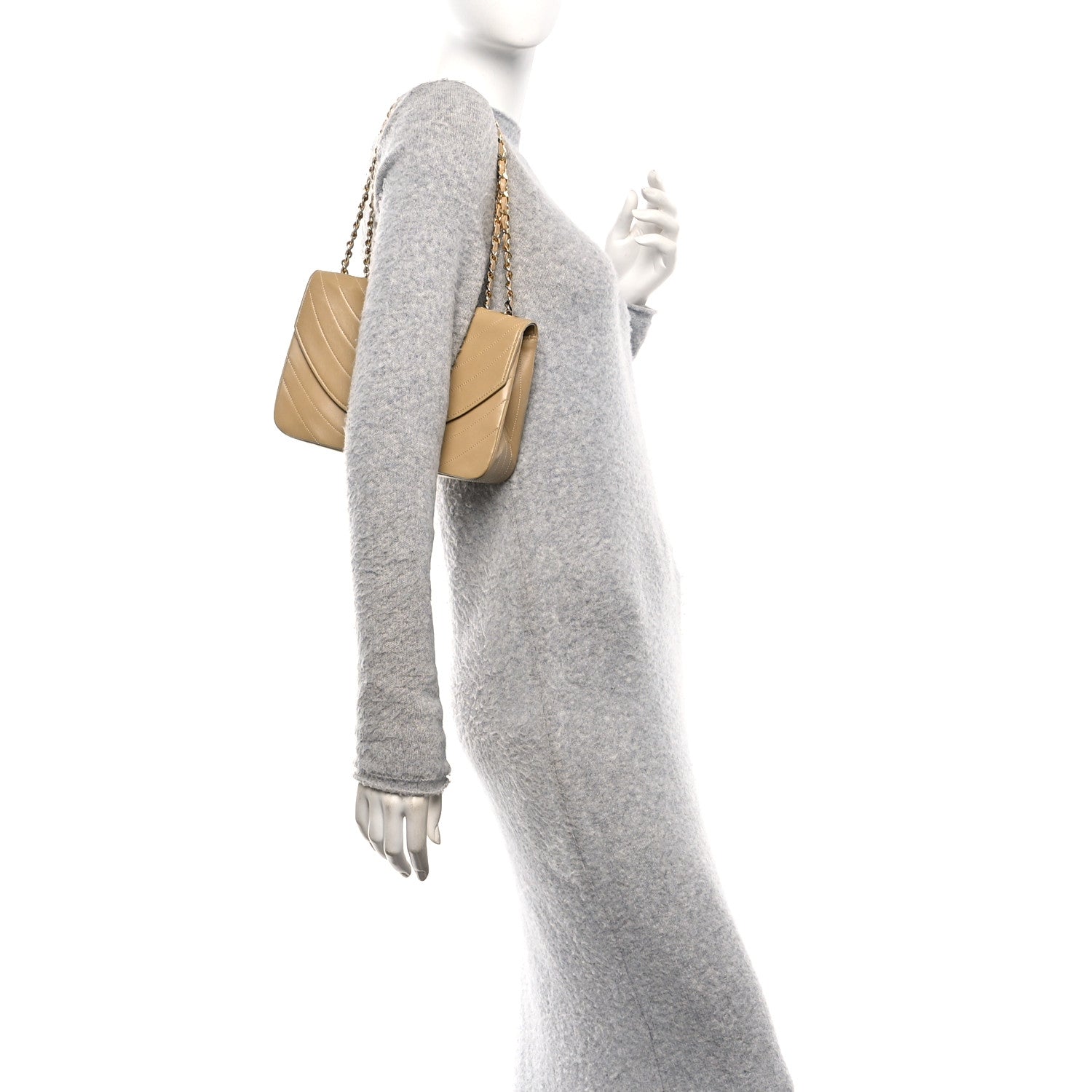 Lambskin Ribbon Stitched Flap Beige