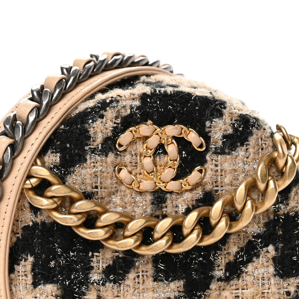 Wool Tweed Lambskin Quilted Chanel 19 Round Clutch With Chain and Coin Purse Beige Black