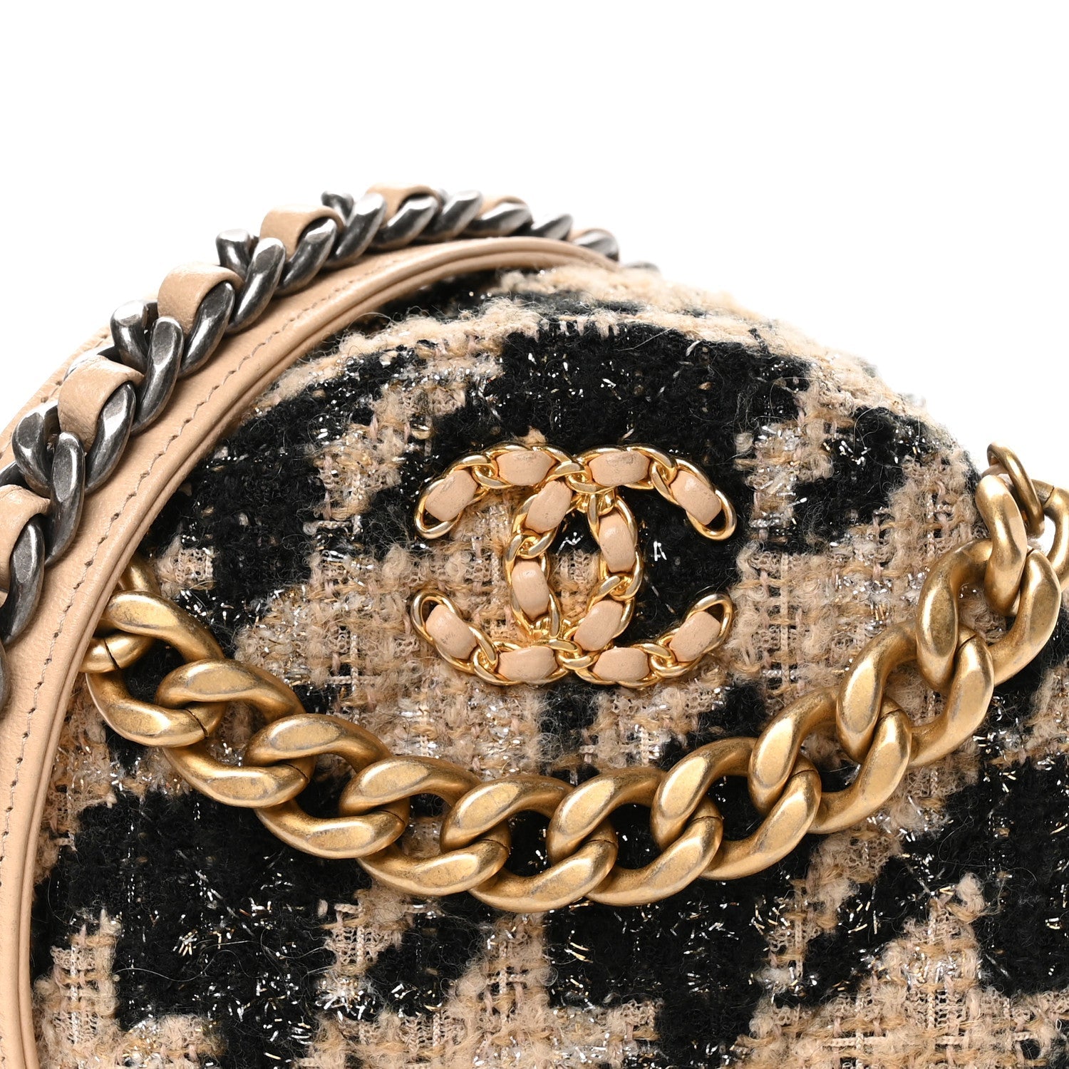 Wool Tweed Lambskin Quilted Chanel 19 Round Clutch With Chain and Coin Purse Beige Black