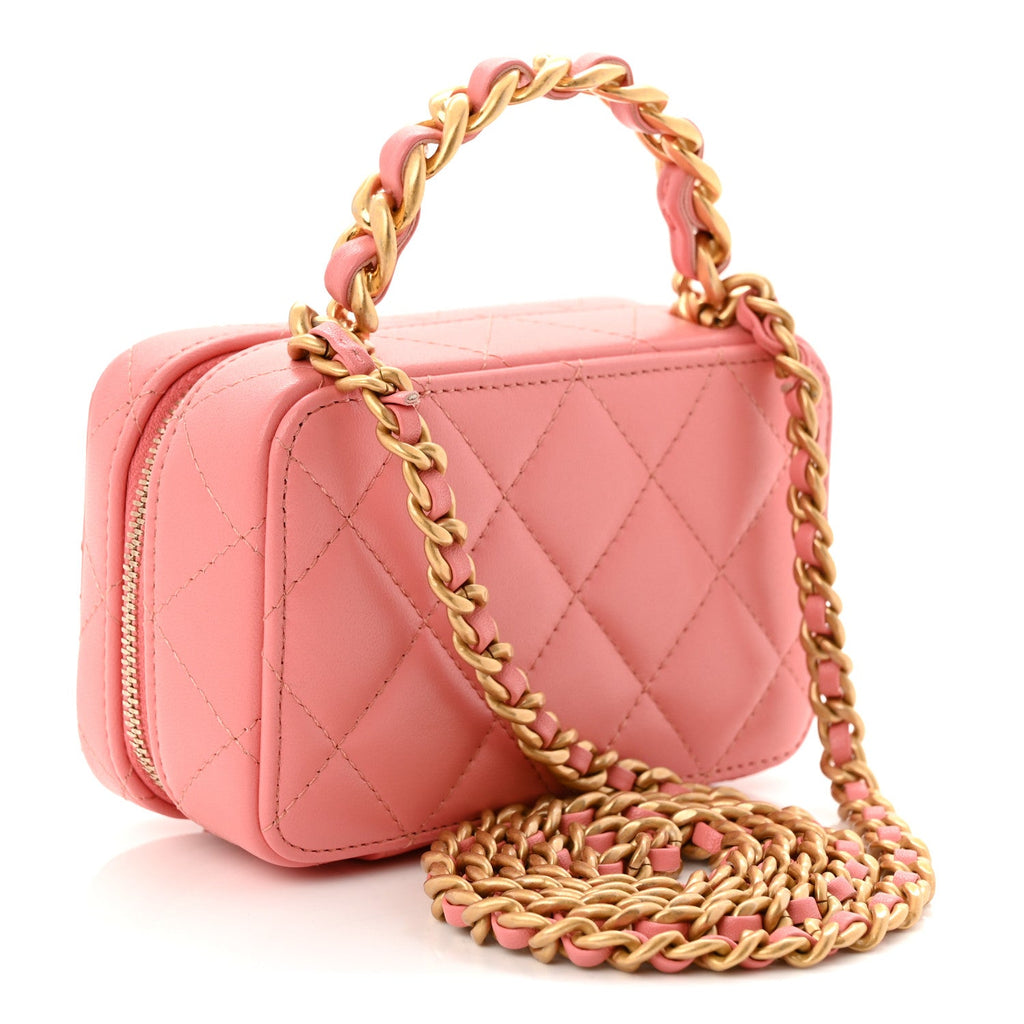 Lambskin Quilted Top Handle Mini Vanity Case Pink
