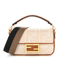 Canvas Vitello King Bi-Color Strap FF Embroidered Mini Baguette Grezzo Brandy Cuoio