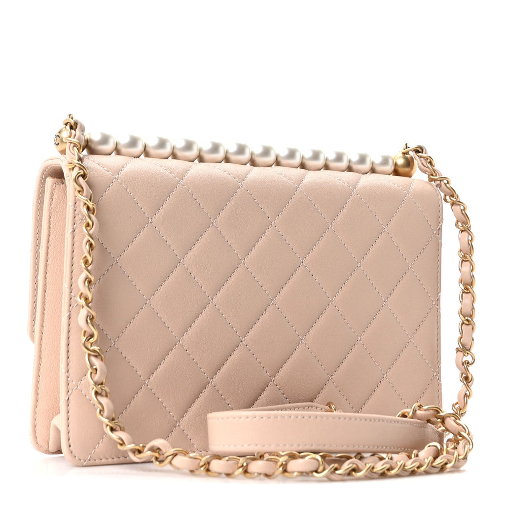 Goatskin Quilted Small Chic Pearls Flap Beige