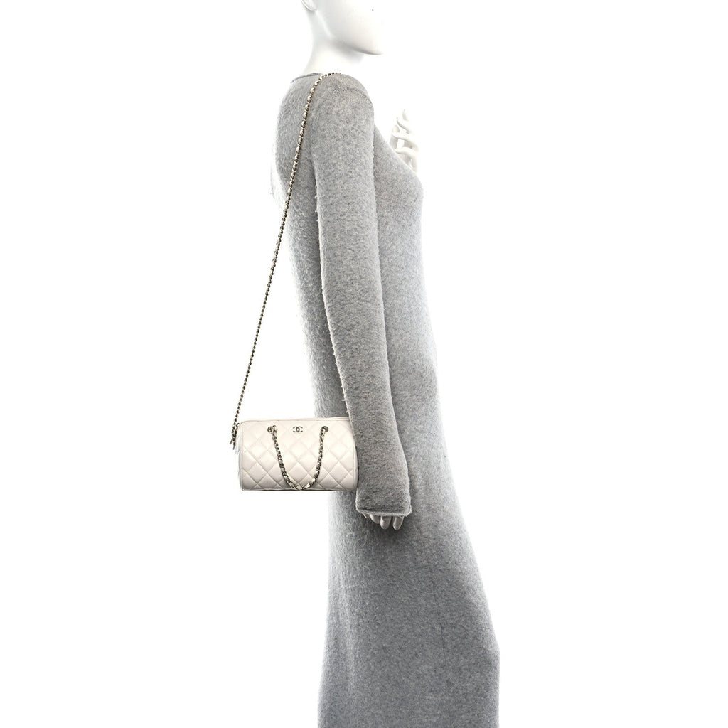 Caviar Quilted Barrel Clutch With Chain White