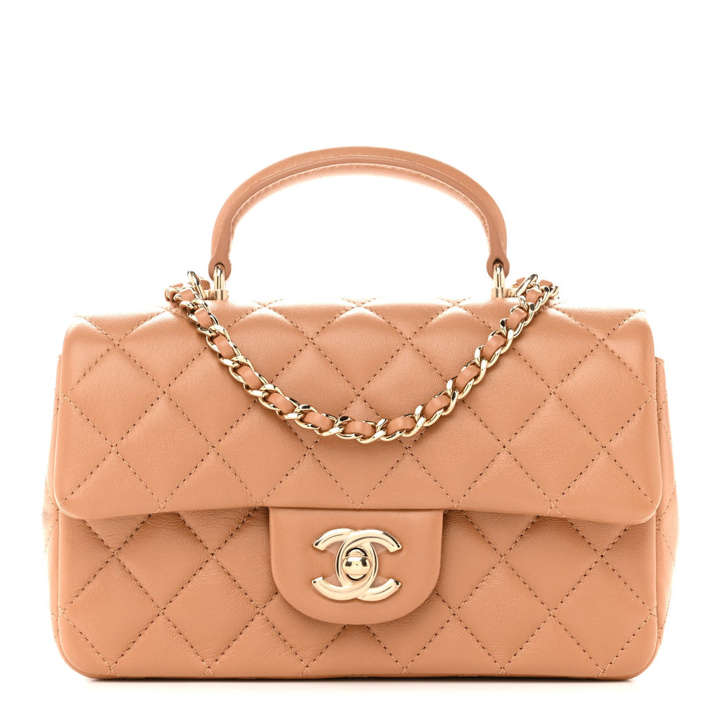 Lambskin Quilted Mini Top Handle Rectangular Flap Dark Beige
