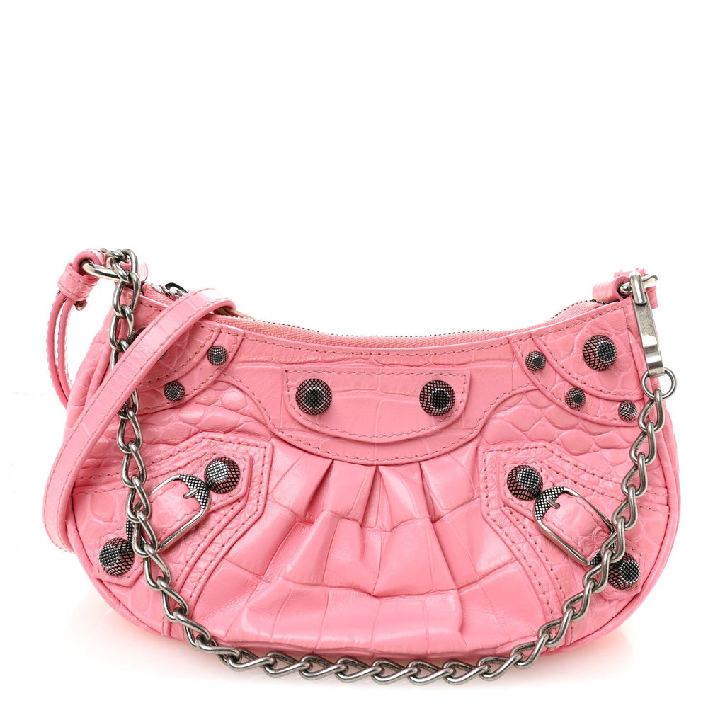 Extra Supple Calfskin Crocodile Embossed Le Cagole Mini Purse With Chain Sweet Pink