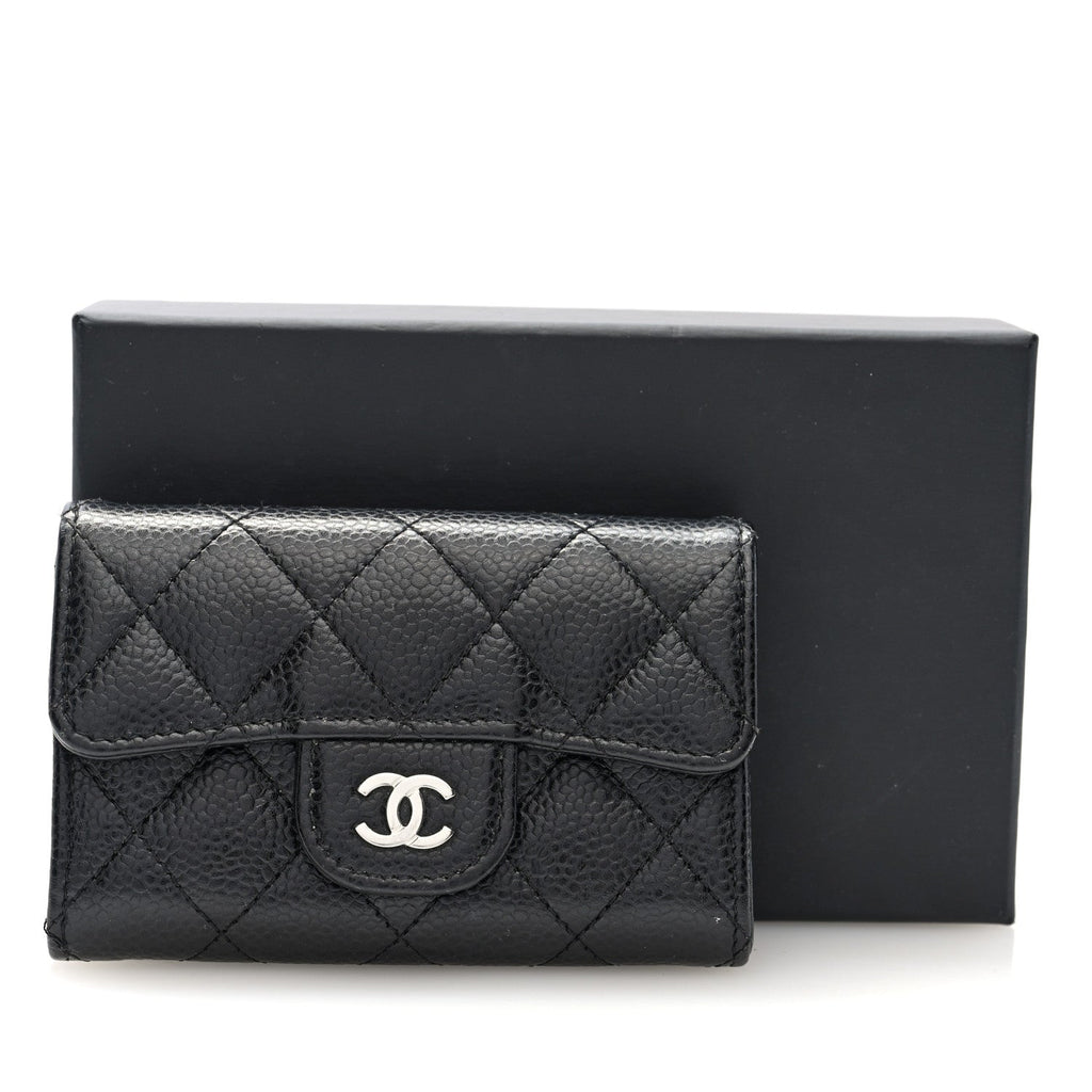 Caviar Quilted Flap  Holder Wallet Black