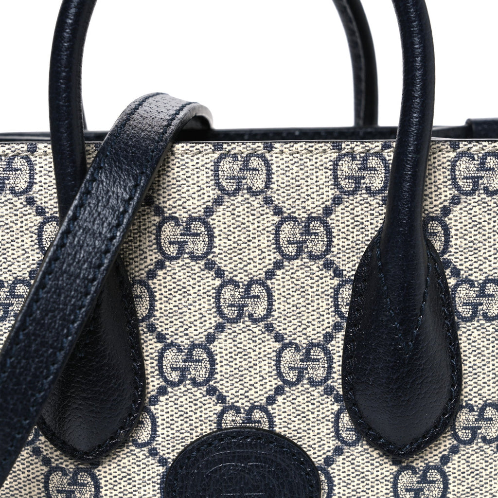 GG Supreme Monogram Textured Dollar Calfskin Mini Retro Interlocking G Tote Bag Beige Blue