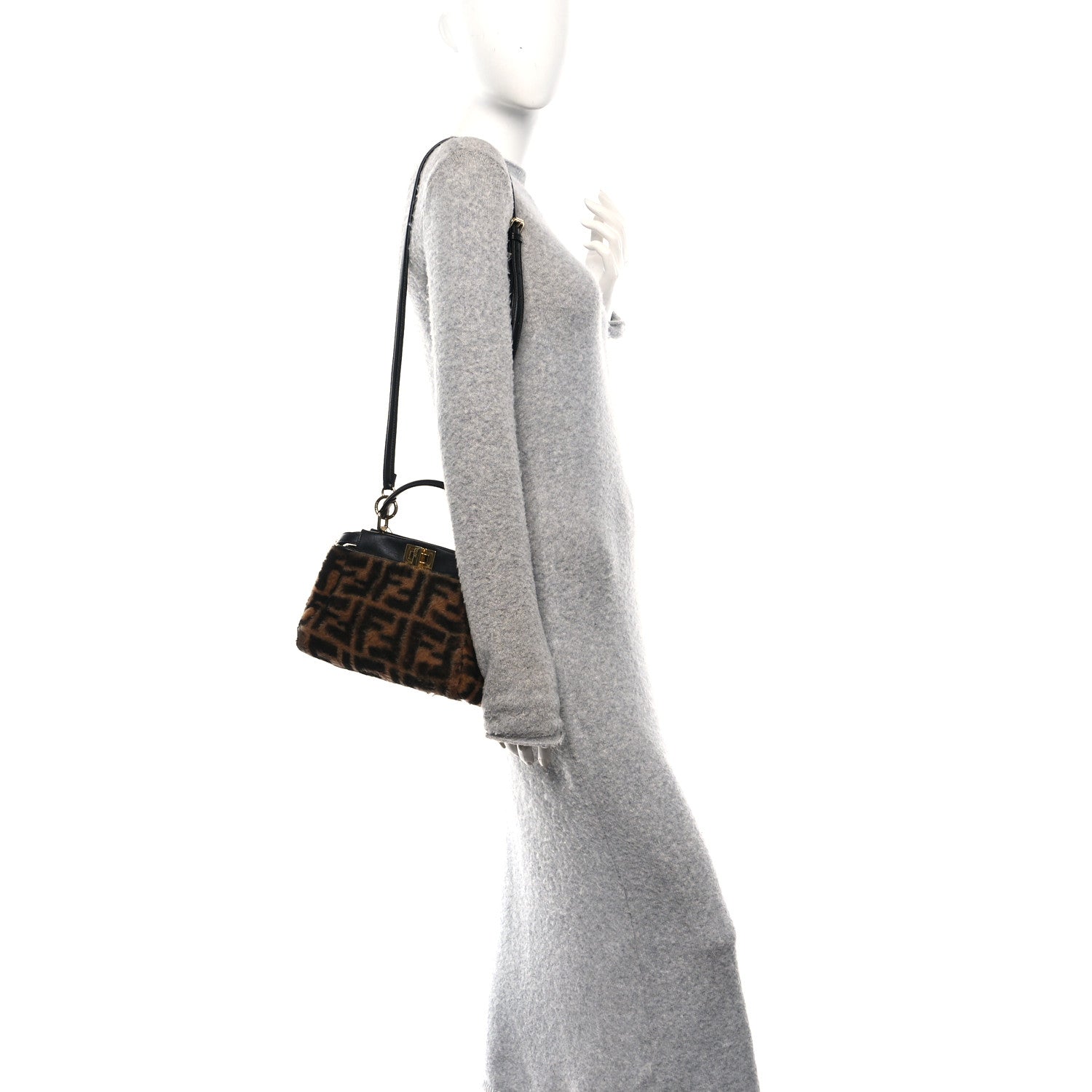 Shearling Nappa Macro FF 1974 Mini Peekaboo Iconic Satchel Tobacco Black