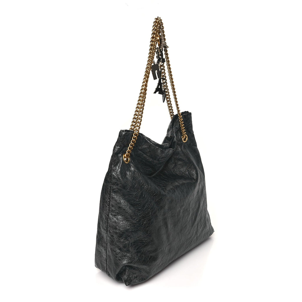 Crushed Calfskin Souvenir Charms Medium Tote Black