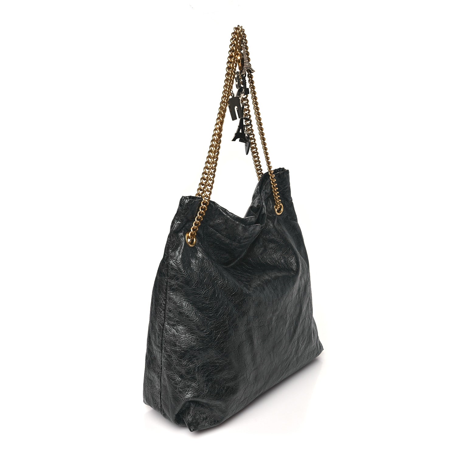Crushed Calfskin Souvenir Charms Medium Tote Black