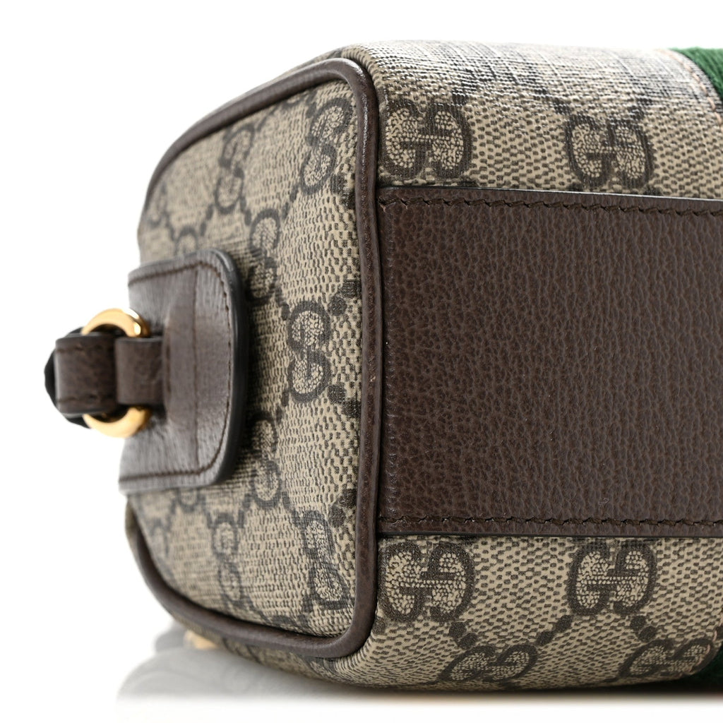 GG Supreme Monogram Textured Dollar Calfskin Web Super Mini Ophidia Top Handle Bowler Bag  Beige Ebony New Acero