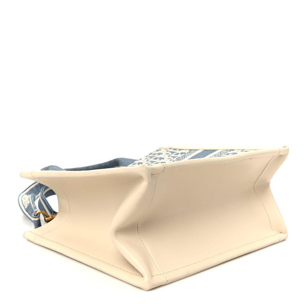 Oblique Chambray Calfskin Small Book Tote With Strap Blue Latte