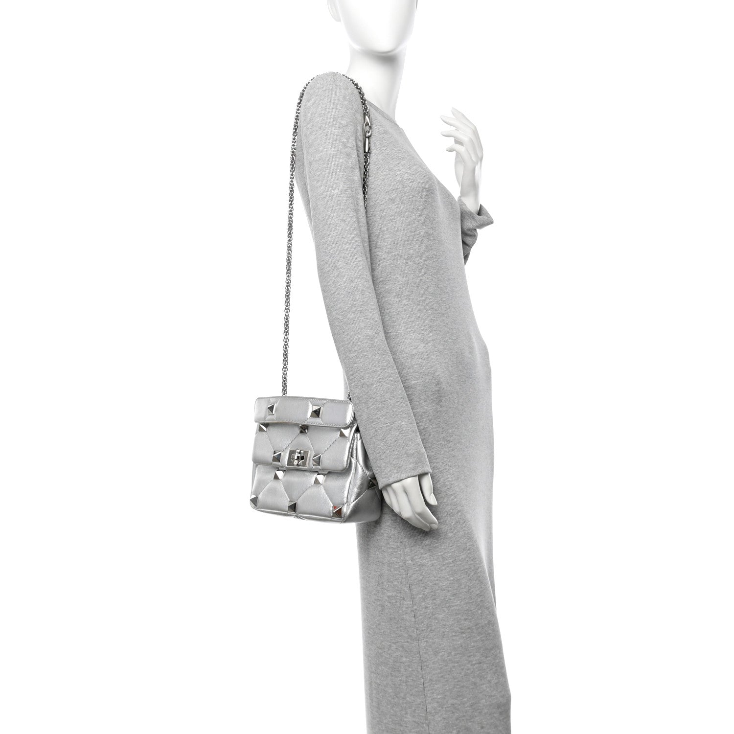 Nappa Medium Roman Stud Shoulder Bag Silver