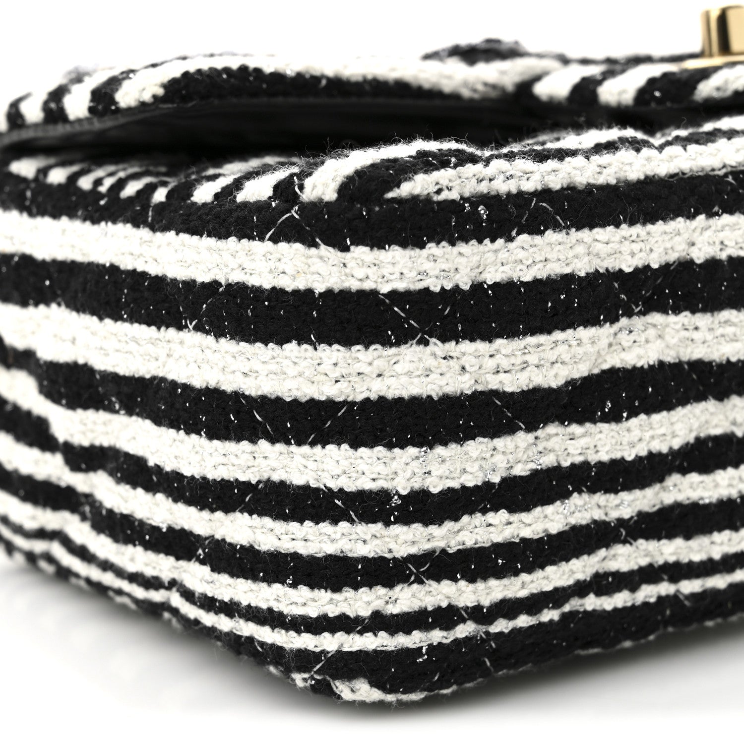 Striped Tweed Sequin Quilted Camellia Embellished Mini Rectangular Flap Ecru Black