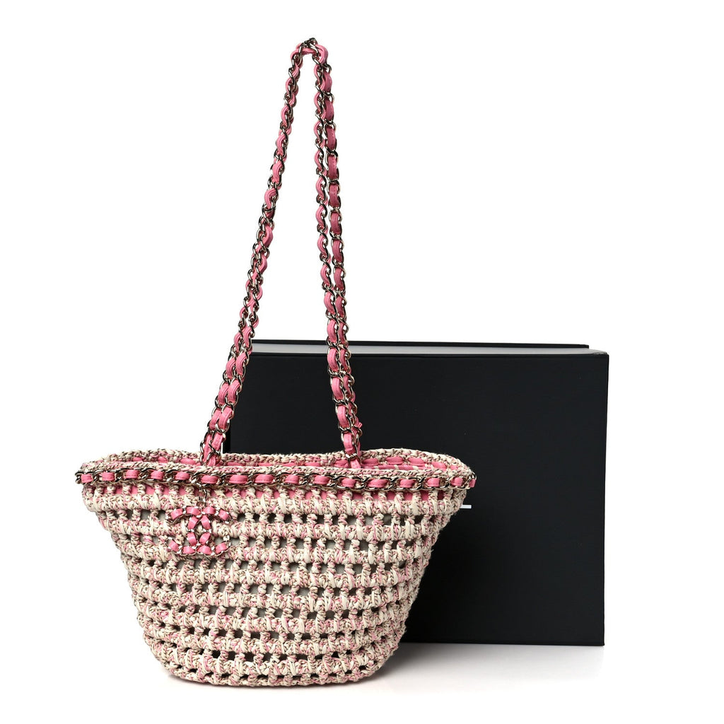 Mixed Fibers Calfskin Crochet Small Shopping Bag Beige Pink