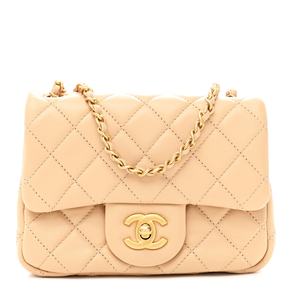 Lambskin Quilted Mini Pearl Crush Flap Beige