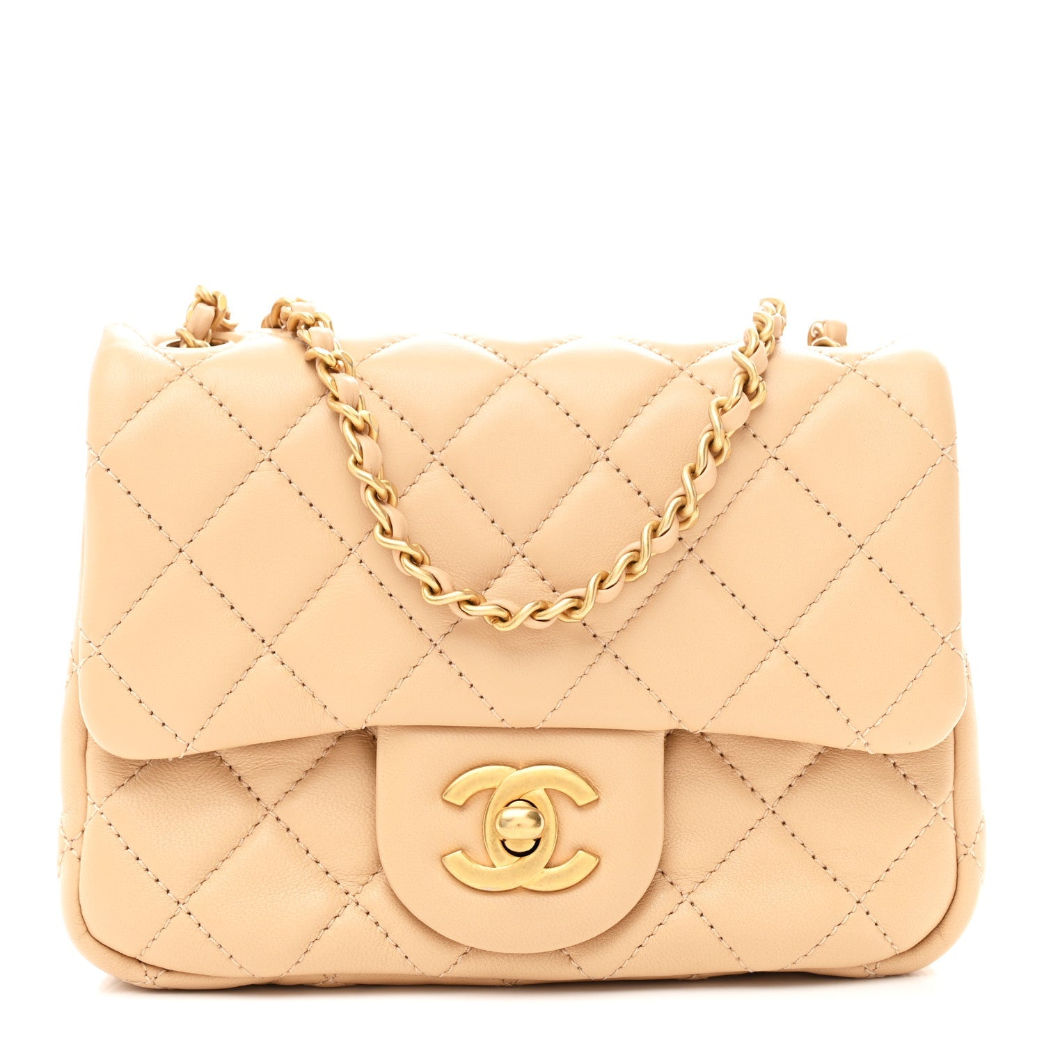 Lambskin Quilted Mini Pearl Crush Flap Beige